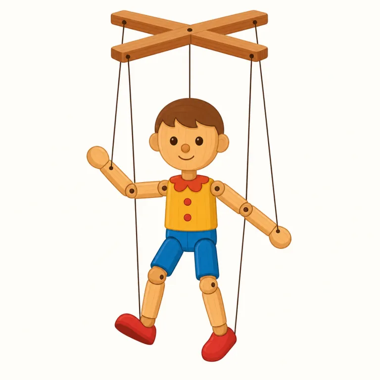 puppet（操り人形・名詞）の覚え方イラスト — puppet は、舞台や子どもの遊びで人が動かして見せる「操り人形」です