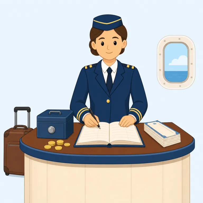 purser（パーサー・名詞）の覚え方イラスト — まず ship や plane の中で、接客だけでなくお金・備品・書類も見る「まとめ役」を思い浮かべると定着しやすい