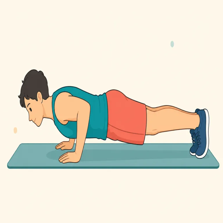 push-up（腕立て伏せ・名詞）の覚え方イラスト — 床を push「押して」、体を up「上へ」動かす運動と分解すれば、そのまま動作を思い出せます