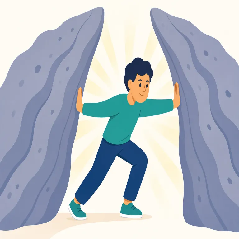 push through（押し通す、困難を乗り越えてやり抜く・句動詞）の覚え方イラスト — まず push＝「押す」、through＝「突き抜けて向こう側へ」をそのまま重ねると覚えやすい表現です