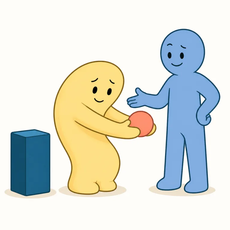 pushover（お人好し、押しに弱い人；楽に勝てる相手・名詞）の覚え方イラスト — push と over を知っていると、「少し押しただけで向こう側へ倒れる」絵が浮かぶ