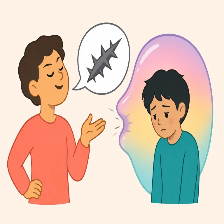 put-down（侮辱・名詞）の覚え方イラスト — 相手を put「置く」＋down「下に」で、言葉によって相手の価値を低く扱う場面を思い浮かべると覚えやすい語です