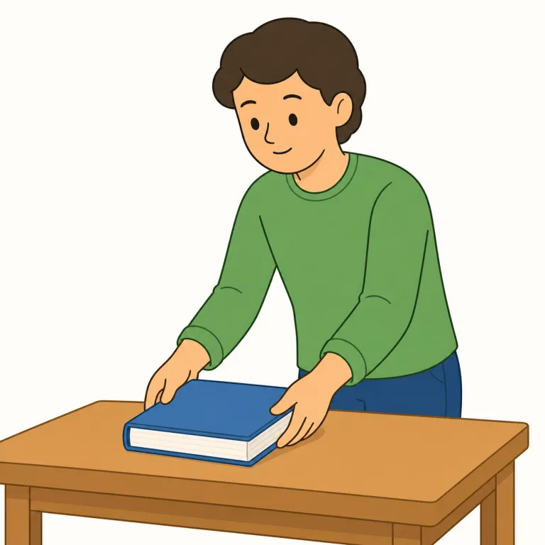 put down（置く・句動詞）の覚え方イラスト — put down は、手に持っている物を机・床・地面など低い場所に置く動きを表します
