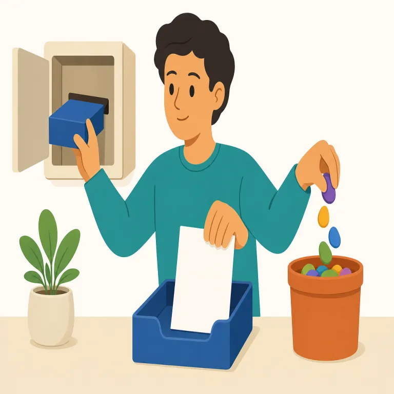 put in（設置する，提出する，（時間・努力を）注ぐ・句動詞）の覚え方イラスト — put と in をそのまま合わせて「中に入れる・投入する」と捉えると広がりが覚えやすい