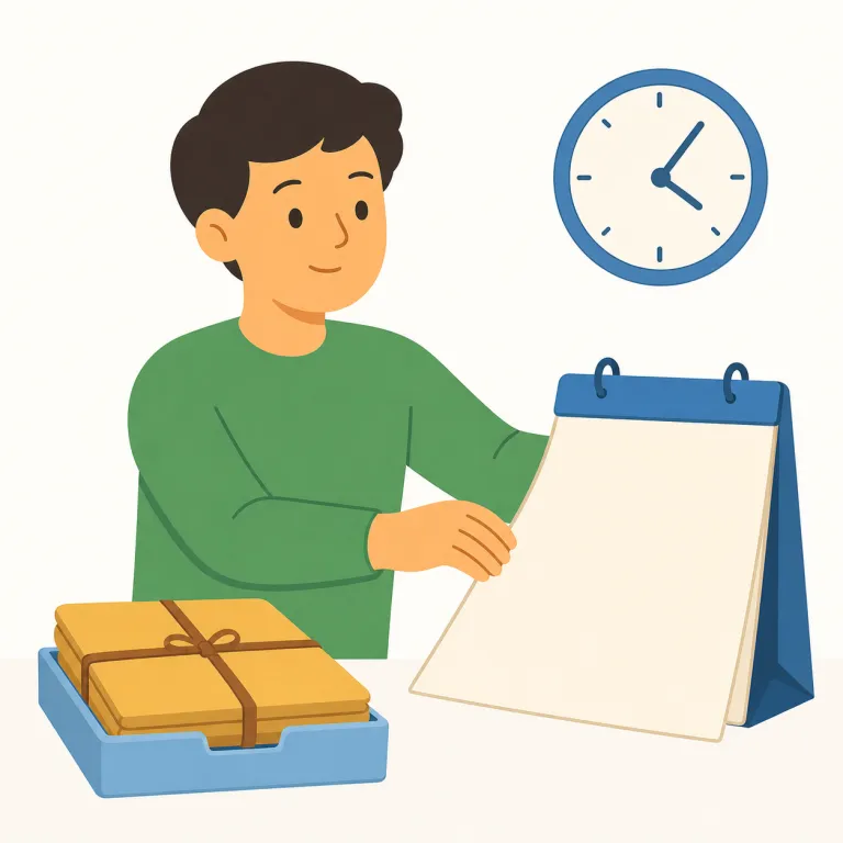 put off（延期する・句動詞）の覚え方イラスト — 延期する意味の put off は、予定や作業を「今ここ」から off「離れた先」へ put「置く」と考えると覚えやすいです