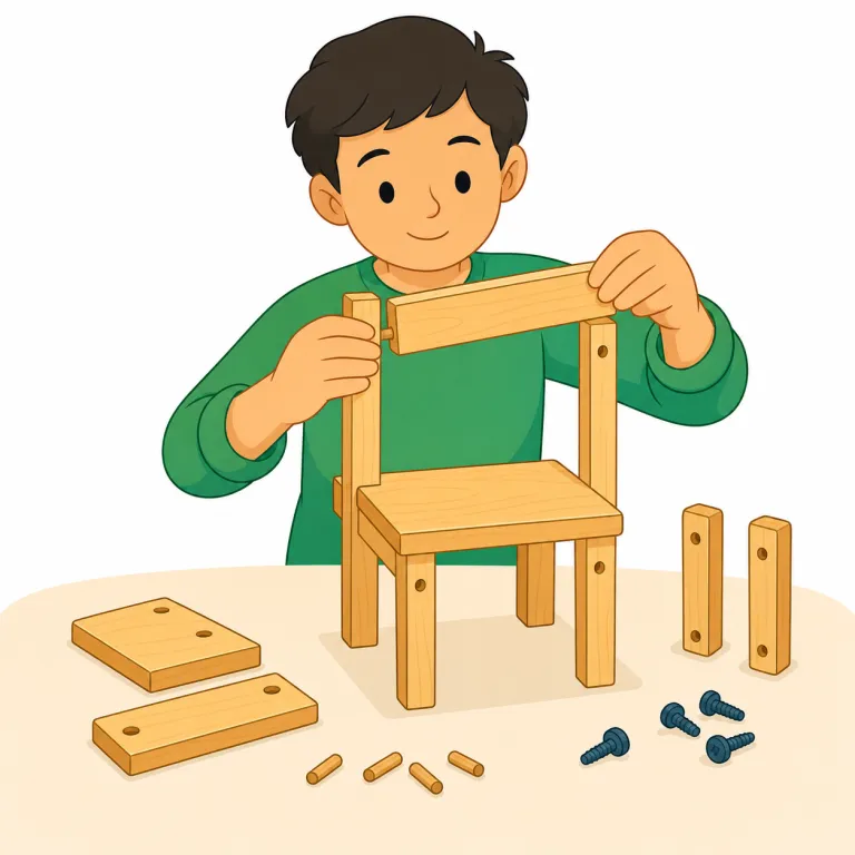 put together（組み立てる・句動詞）の覚え方イラスト — put together は、put「置く」+ together「一緒に」から、ばらばらの部品を合わせて一つの形にするイメージで覚えると自然です