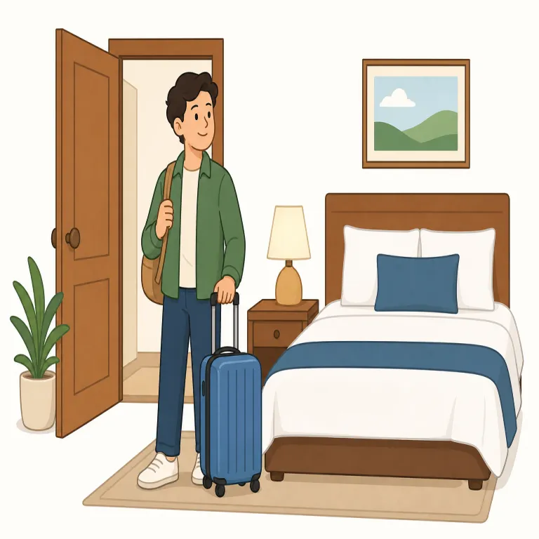 put up at（泊まる・句動詞）の覚え方イラスト — 「put up at」は、基本語の put「置く」から「自分の身をある場所にひとまず置く」とイメージすると残りやすい句動詞