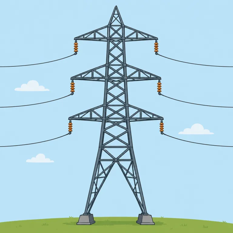 pylon（鉄塔、支柱・名詞）の覚え方イラスト — 電線を空中で支えている高い鉄塔を思い浮かべましょう