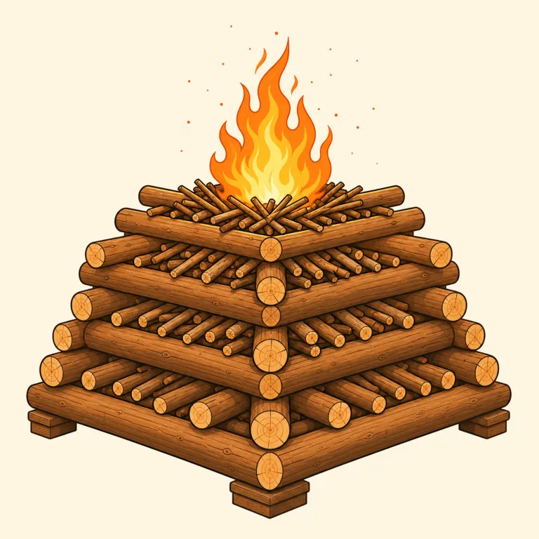 pyre（火葬用の薪・名詞）の覚え方イラスト — pyre は Greek の「火」に由来し、火に関係する pyro- と同系