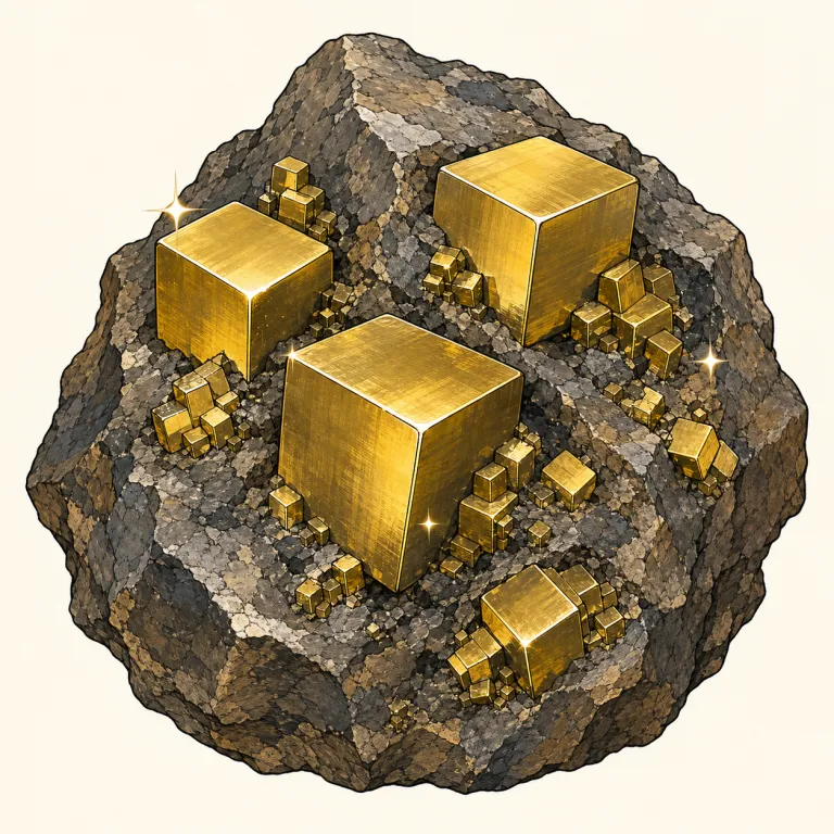 pyrite（黄鉄鉱・名詞）の覚え方イラスト — pyrite は単体で覚えるより、まず "fool's gold" と結びつけると強い
