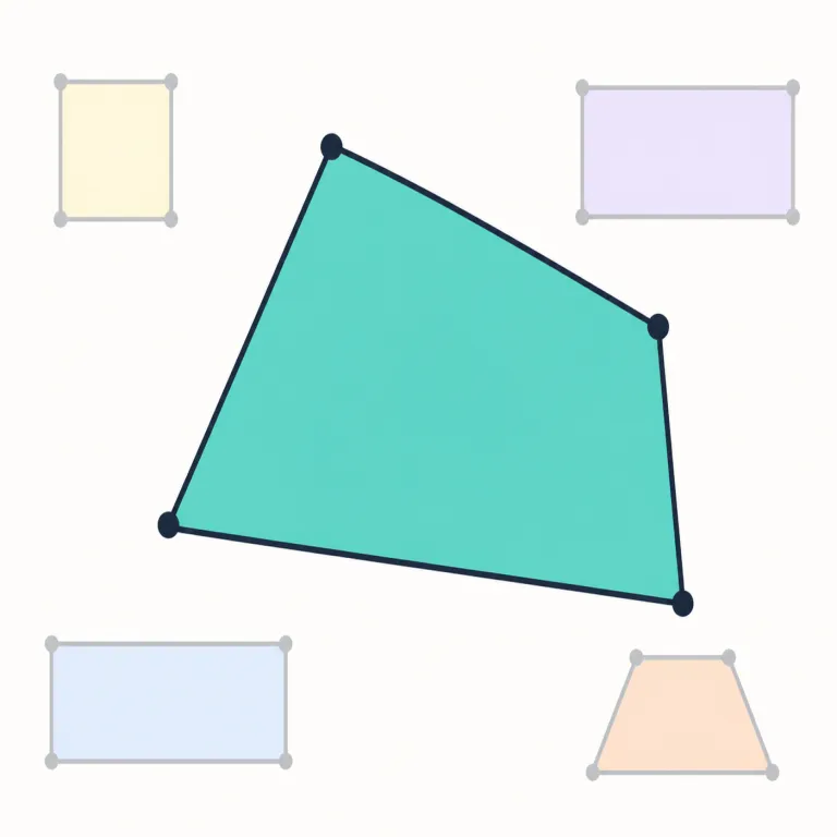 quadrilateral（四角形・名詞）の覚え方イラスト — quad- は four を表す形として quadrant, quadruple などにも出るので、「quad が見えたら4」を固定する