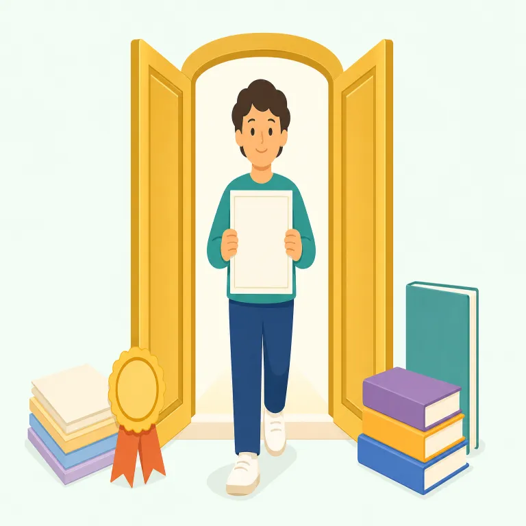 qualify（資格を得る・動詞）の覚え方イラスト — qualify は「資格を得る」という結果を表す動詞です