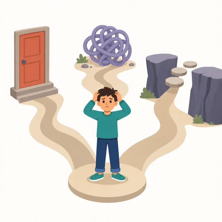 quandary（困惑、窮地・名詞）の覚え方イラスト — dilemma に近いが、quandary は「どれを選んでもすっきりしないので決めきれない」状態だと押さえると残りやすい