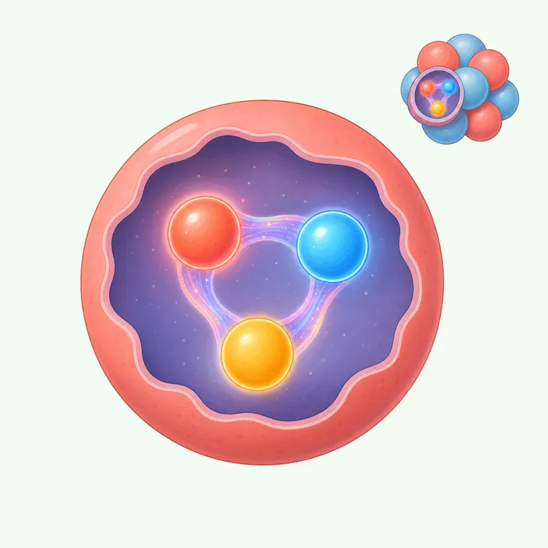 quark（クォーク・名詞）の覚え方イラスト — quark は単体で日常語と結びつきにくいので、まず proton や neutron の“中身”として固定すると覚えやすいです