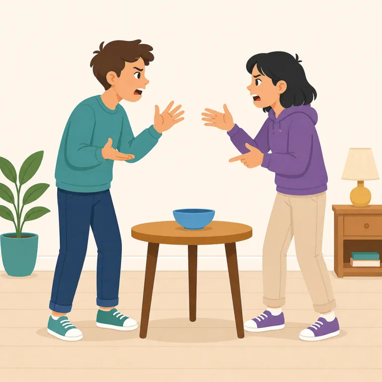 quarrel（口論する・動詞）の覚え方イラスト — 動詞としては「仲よく話していた関係にひびが入り、言葉でぶつかる」とイメージすると定着します