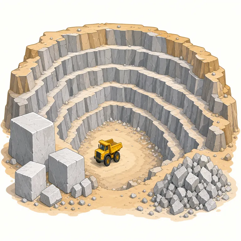 quarry（採石場、獲物・名詞）の覚え方イラスト — quarry は「前後の語で意味を切り替える名詞」として覚えると残りやすいです