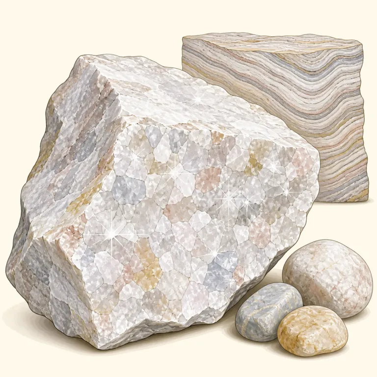 quartzite（珪岩・名詞）の覚え方イラスト — まず quartz を「石英」とセットで覚えると、quartzite は quartz + -ite で「石英系の岩石」と見抜きやすくなります