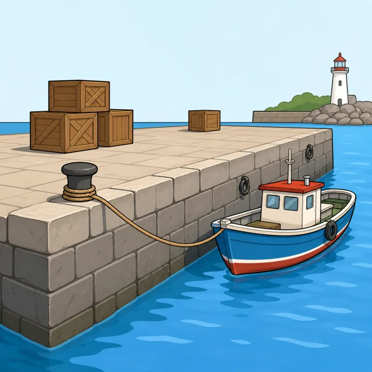 quayside（波止場・名詞）の覚え方イラスト — side が入るので、まず『〜沿いの場所』を表す語だと押さえる