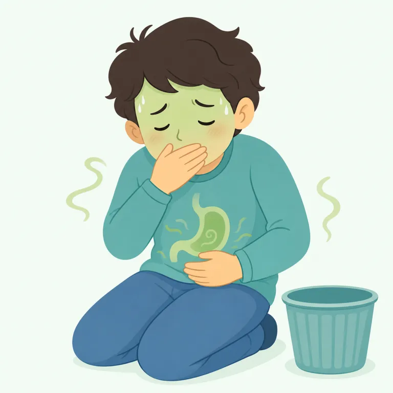 queasy（吐き気がする・形容詞）の覚え方イラスト — 「吐き気がする」の基本語は sick ですが、queasy は『実際に吐きそう』『胃がむかむかする』感覚に寄った形容詞