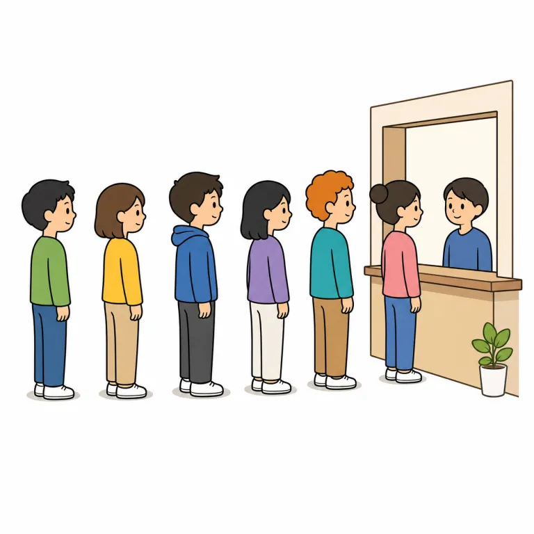 queue（列に並ぶ・verb）の覚え方イラスト