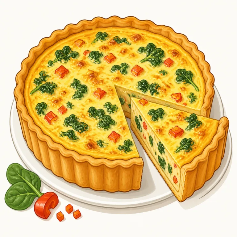 quiche（キッシュ・名詞）の覚え方イラスト — 食べ物名としては、pie や tart に似た形なのに、甘いデザートではなく卵液を流して焼く savory な料理だとまとめて覚えると残りやすいです