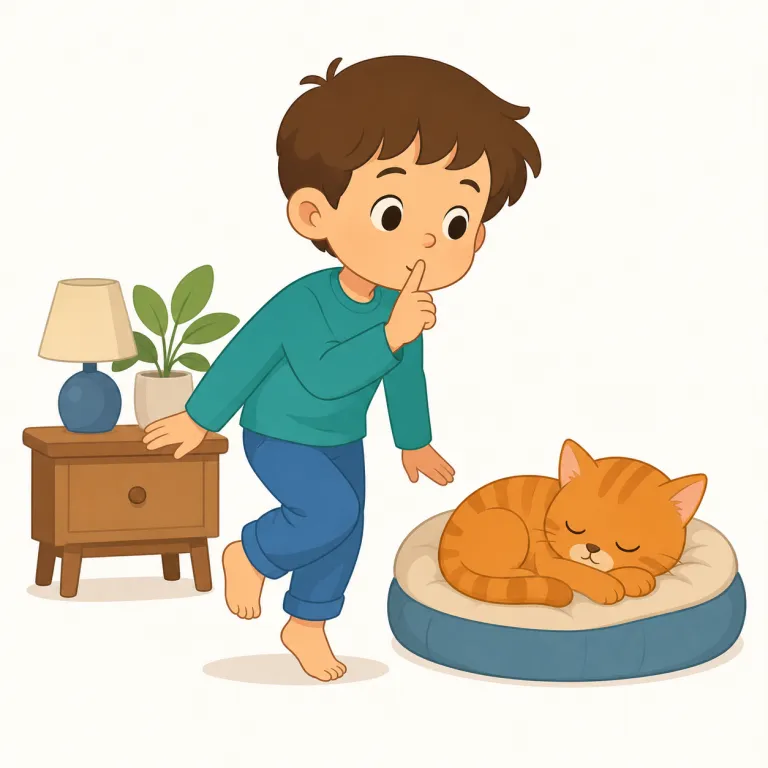 quietly（静かに・副詞）の覚え方イラスト — このエントリの quietly は「そっと」という動作のやさしさよりも、声や物音を小さくして「静かに」する意味として整理します