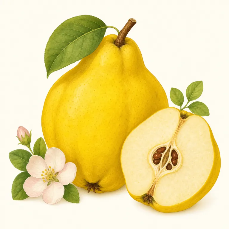 quince（マルメロ・名詞）の覚え方イラスト — quince は単なる果物名として覚えるより、「apple や pear に見た目は近いのに、生ではなく加熱して使う果実」として場面ごと覚えると残りやすいです