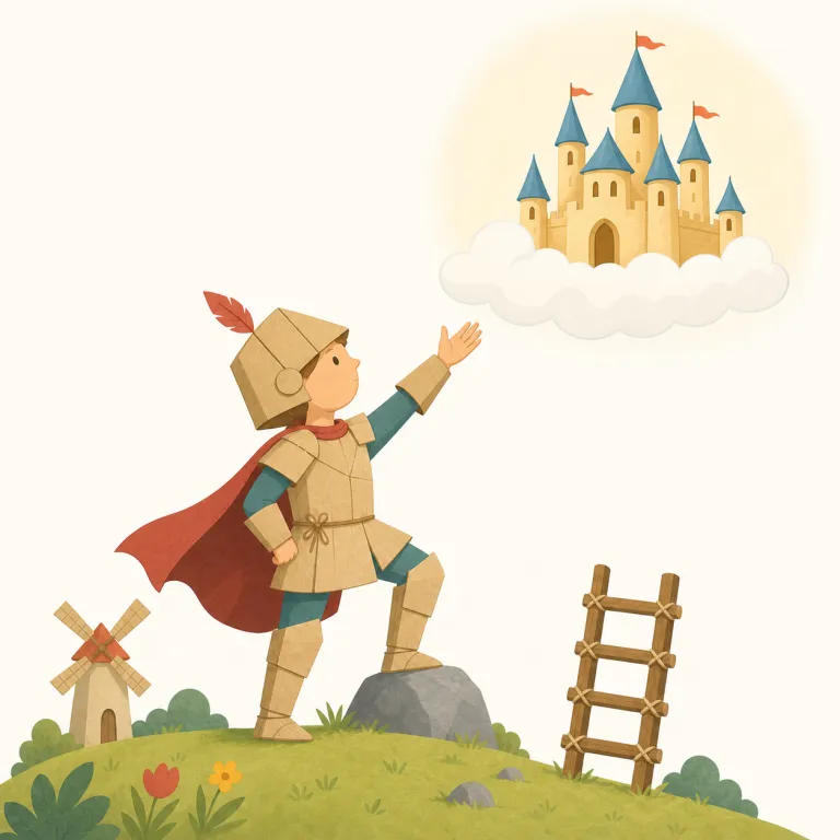 Quixotic（非現実的に理想主義的な・形容詞）の覚え方イラスト — idealistic よりさらに一段極端で、「理想は立派だが、実現性が薄い」ときに使う形容詞だと覚えると定着しやすいです