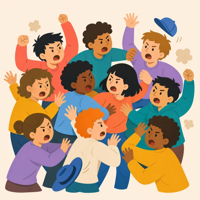 rabble（烏合の衆・名詞）の覚え方イラスト — mob に近いが、rabble は「統率がなく、がやがや騒ぐ群衆」という軽蔑的ニュアンスが強い