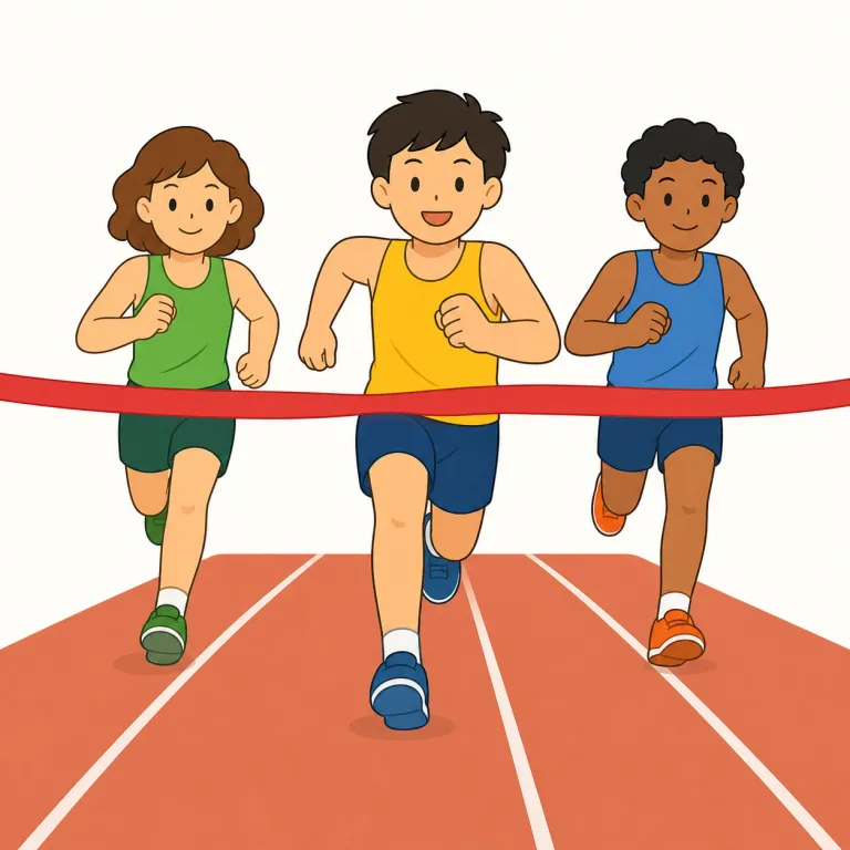 race（競走、レース・名詞）の覚え方イラスト — a race は「速く走ること」そのものより、参加者が同じ条件で出発し、到着順で勝敗が決まるイベントとして覚えると自然です