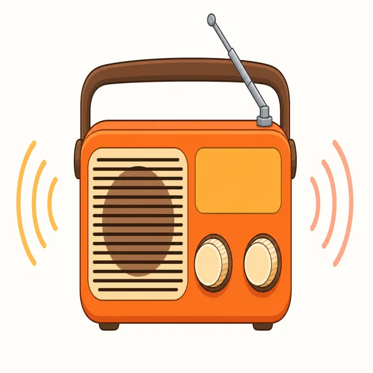 radio（ラジオ・名詞）の覚え方イラスト — radio は日本語の「ラジオ」と近いので覚えやすいですが、記憶するときは「音楽を流す機械」だけでなく「電波で情報を送受信するもの」まで含む語だと押さえると定着します