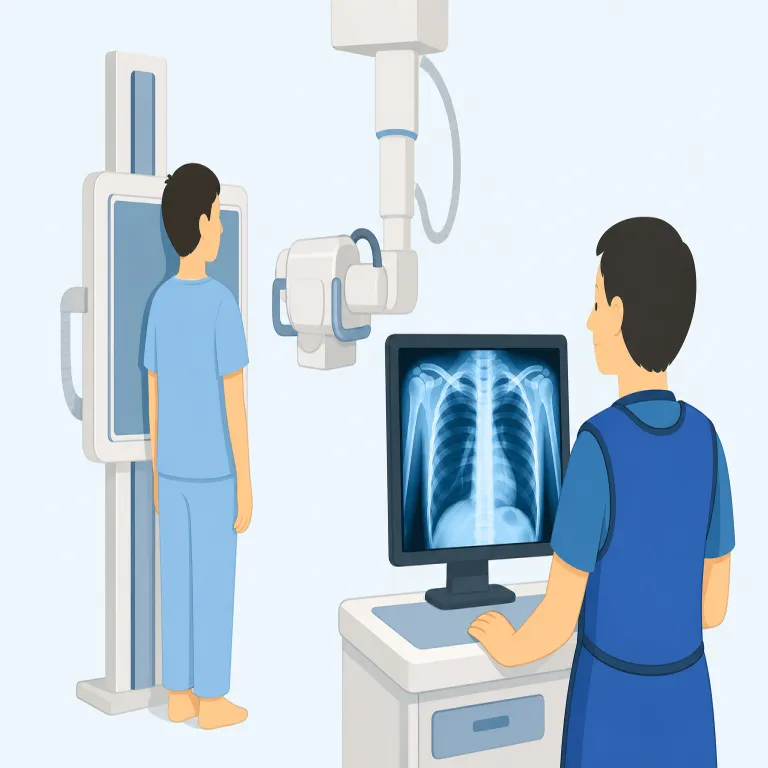 radiological（放射線学的な・形容詞）の覚え方イラスト — radiation（放射線）, radiology（放射線学）を見たことがあれば、その延長で覚えると定着しやすい語です