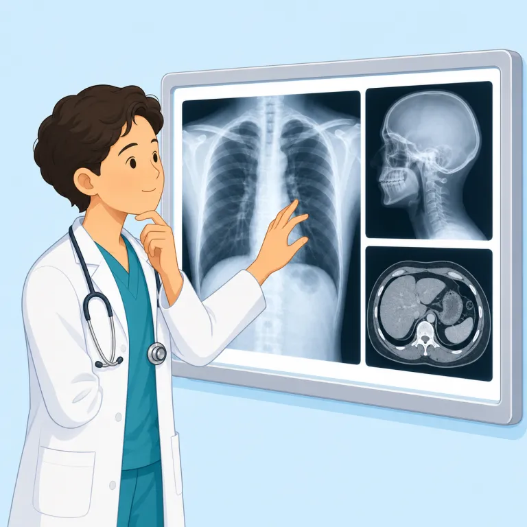 radiologist（放射線科医・名詞）の覚え方イラスト — radiology（放射線科・画像診断）を扱う specialist とまとめて覚えると残りやすいです
