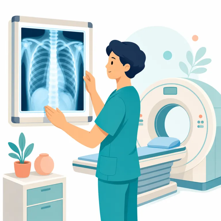 radiology（放射線医学・名詞）の覚え方イラスト — radio- は radio や radiation と同じく「放射線」に関係し、-logy は biology や psychology のように「学問・研究分野」を表します