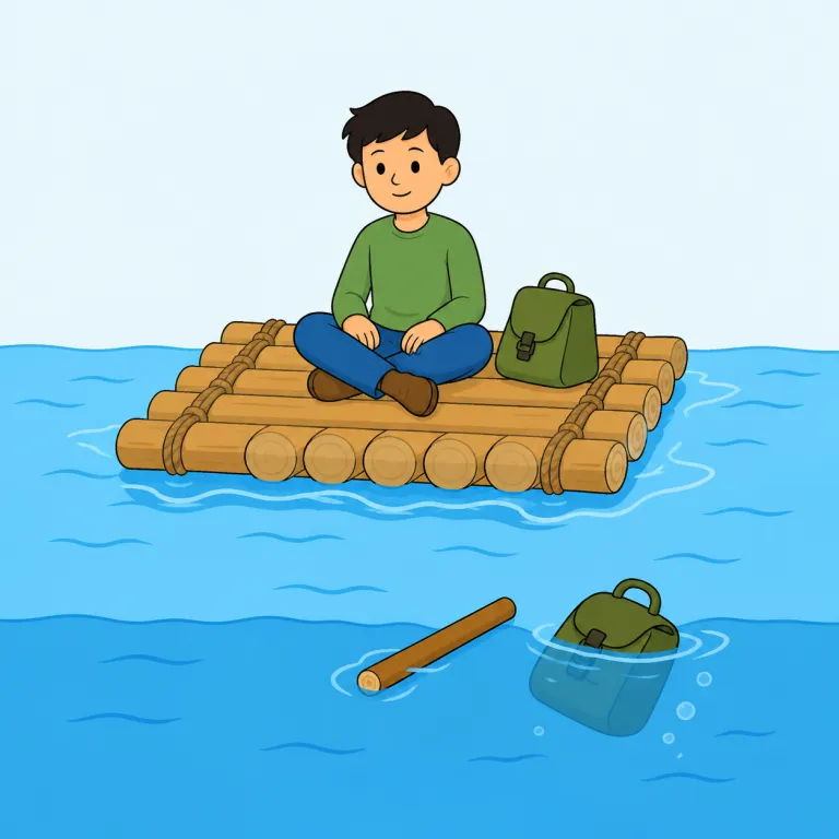 raft（いかだ・名詞）の覚え方イラスト — この意味の raft は、空気を入れるゴムボートではなく、丸太や板を結び合わせて作る平たい「いかだ」です