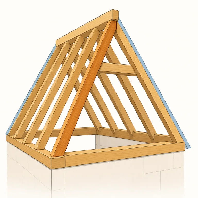 rafter（垂木・名詞）の覚え方イラスト — この rafter は、いかだ乗りという人の意味とは別に、建築で屋根を支える斜めの木材を指します