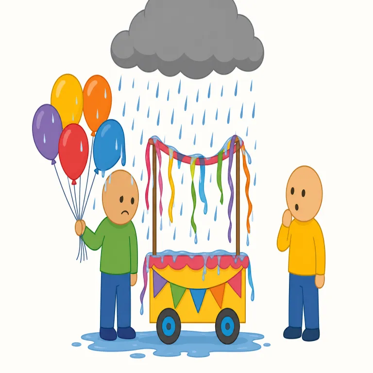 rain on someone's parade（水を差す・イディオム）の覚え方イラスト — rain on someone's parade は、相手が楽しみにしている parade「晴れやかな行進」に rain「雨」を降らせる絵で覚…