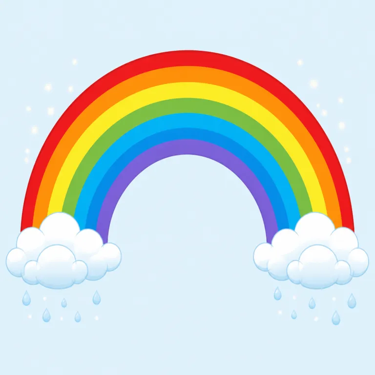 rainbow（虹・名詞）の覚え方イラスト — rainbow は rain（雨）+ bow（弓形）と分けると、「雨のあとに空へかかる弓形の光」と結びつけやすい語です