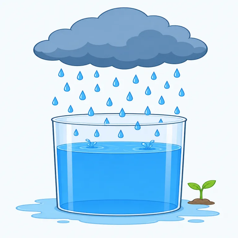 rainfall（降雨量・名詞）の覚え方イラスト — rain だけだと「雨」そのものですが、rainfall は『雨がどれくらい降ったか』という“量・記録”の視点で覚えると定着しやすい語です