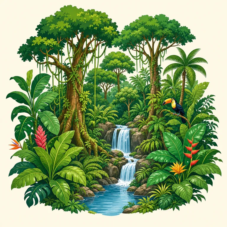 rainforest（熱帯雨林・名詞）の覚え方イラスト — rain＋forest＝「雨の多い森」と分解すれば一発で、年間を通じて雨量の多い森林を指します