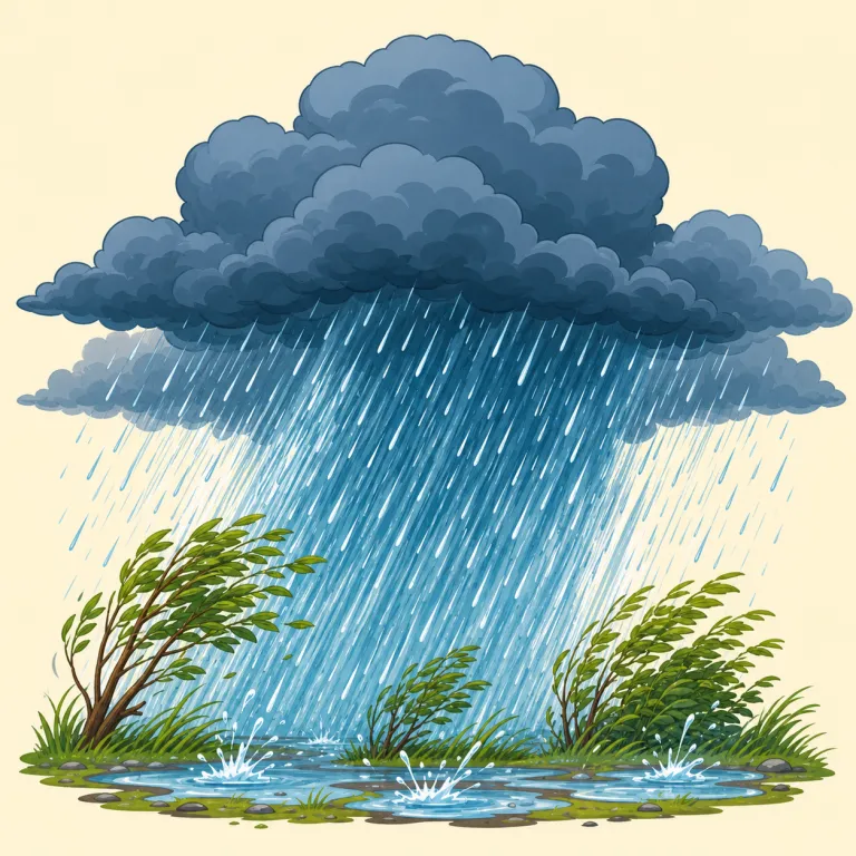 rainstorm（激しい雨を伴う嵐・名詞）の覚え方イラスト — rainstorm は rain＋storm の直球の複合語です
