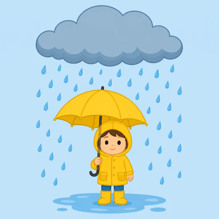 rainy（雨の・形容詞）の覚え方イラスト — rainy は rain「雨」に -y が付いた形で、sunny, windy, cloudy と同じ天気を表す形容詞として覚えます