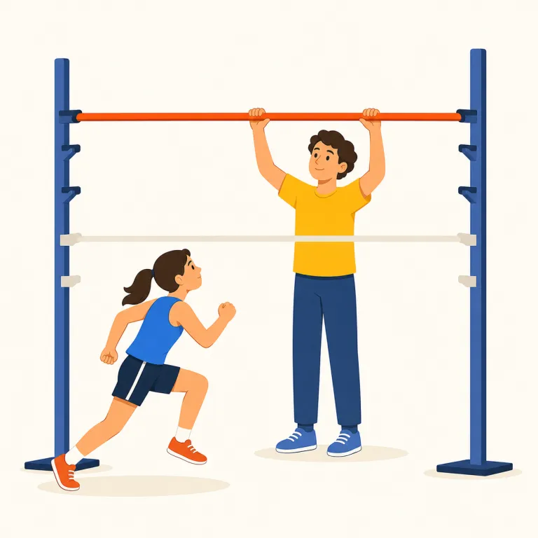 raise the bar（基準を上げる・イディオム）の覚え方イラスト — raise the bar は、bar を高跳びの横棒や合格ラインと考えると覚えやすいです