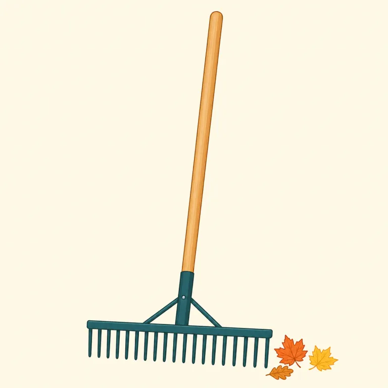 rake（熊手・名詞）の覚え方イラスト — rake は庭仕事で落ち葉をかき集める熊手