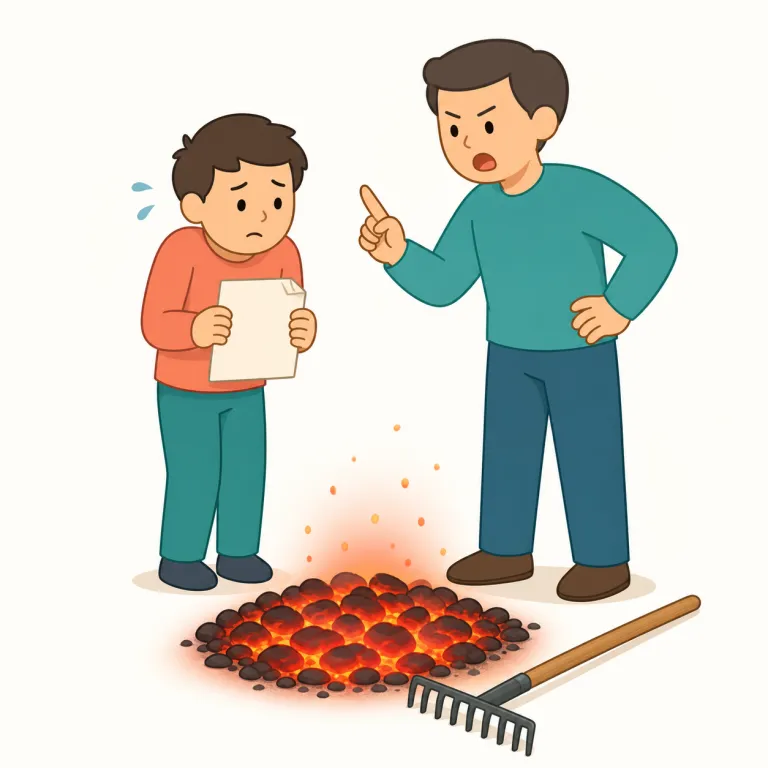 rake over the coals（厳しく叱責する・イディオム）の覚え方イラスト — この句は単語を一つずつ訳すより、まとまりで覚えるのが近道です