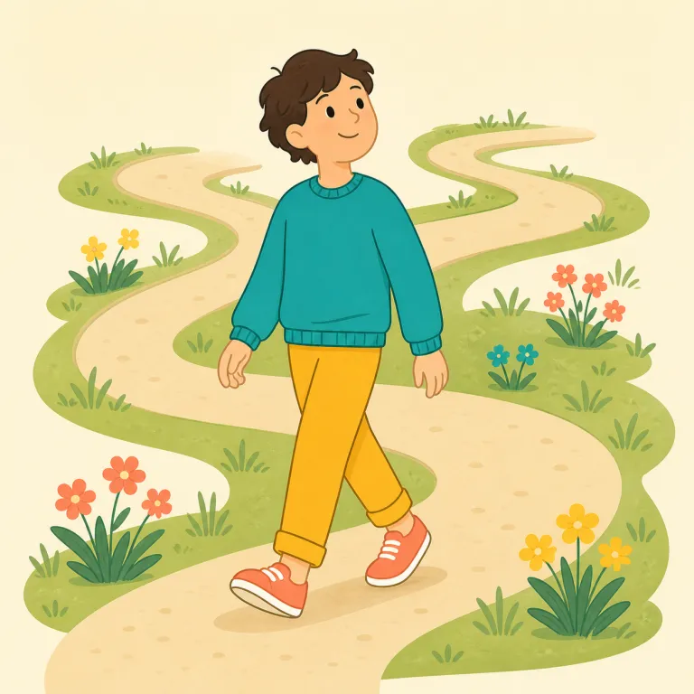 ramble（ぶらぶら歩く・動詞）の覚え方イラスト — ramble は「まっすぐ目的地へ行く walk」ではなく、気の向くままにあちこち動く感じで覚える