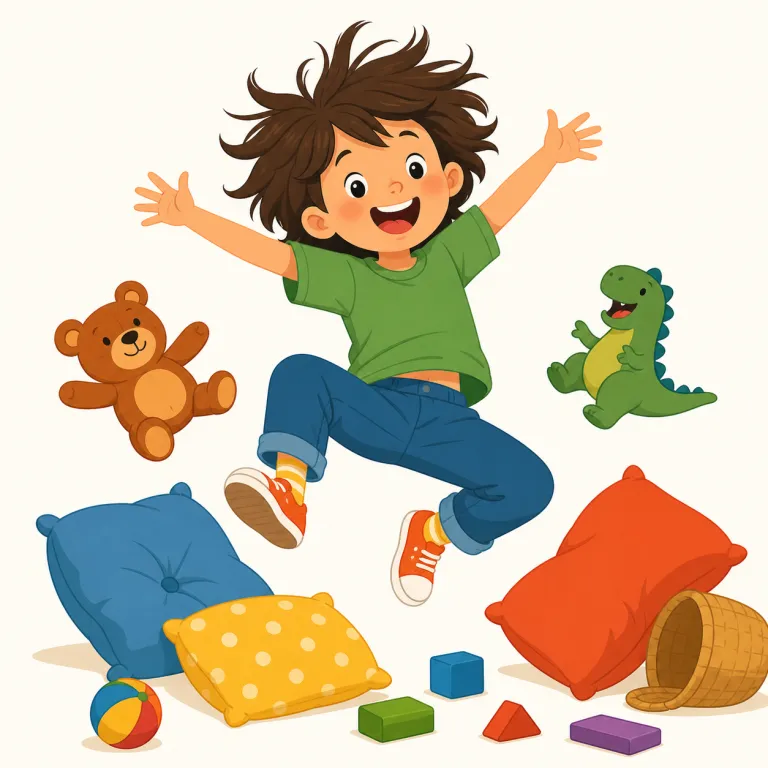 rambunctious（やんちゃな・形容詞）の覚え方イラスト — まず「静か・おとなしい」の反対として、子どもや子犬が走り回って部屋が収拾不能になる場面で覚えると残りやすい語です