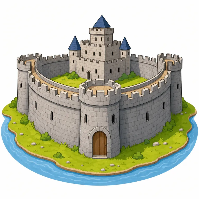 rampart（城壁・名詞）の覚え方イラスト — wall よりずっと軍事的で、castle・fortress・city を守るために周囲をぐるりと囲む「防御用の高い壁」を思い浮かべると定着しやすい語