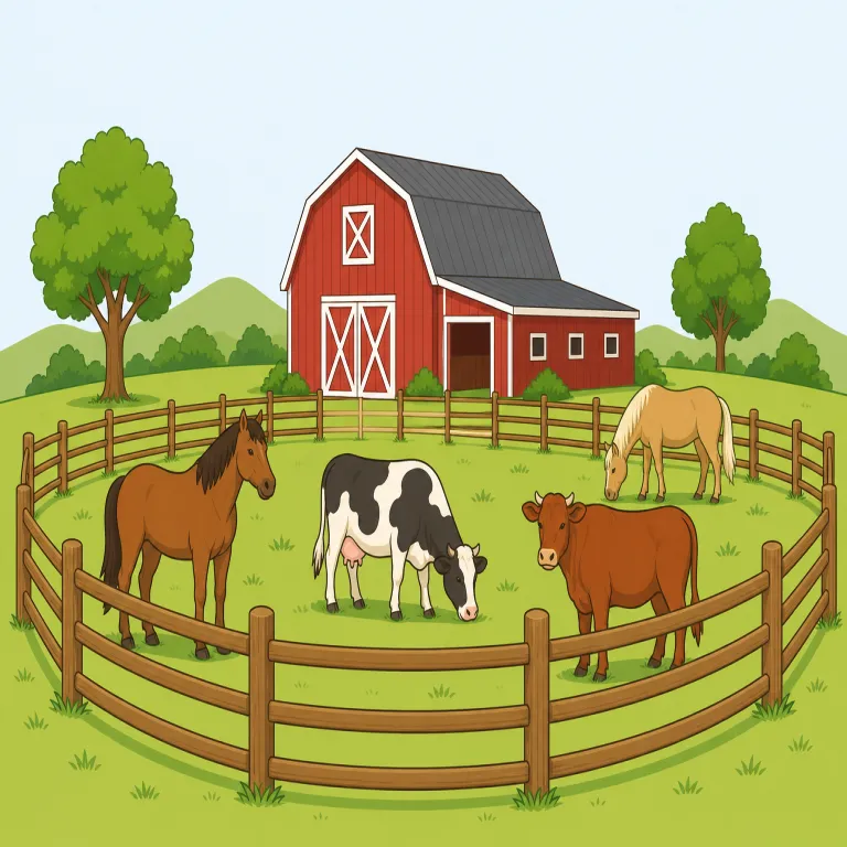 ranch（牧場・名詞）の覚え方イラスト — farm と比べると、ranch は「作物を育てる農場」より「広い土地で牛や羊を放して育てる牧場」の語です