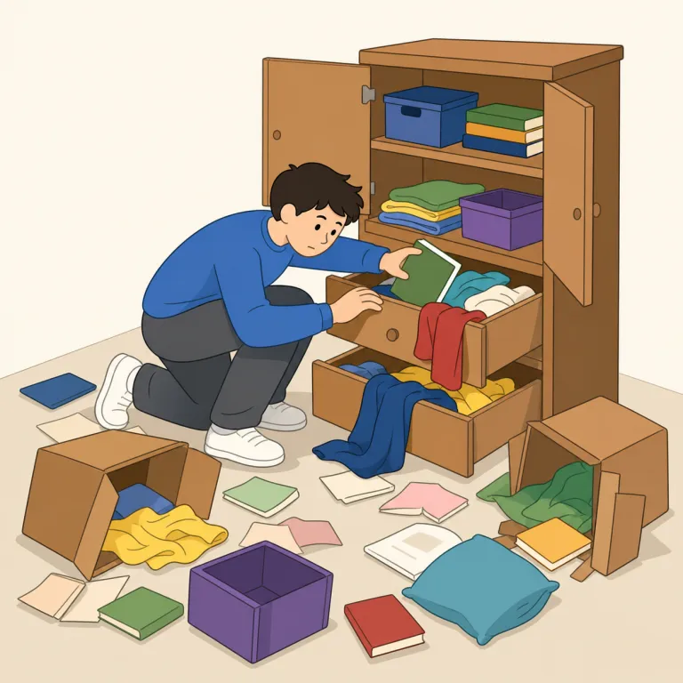 ransack（（場所を）荒らし回って探す、略奪する・動詞）の覚え方イラスト — search が単に「探す」なのに対し、ransack は家や部屋をひっくり返す勢いで探す語